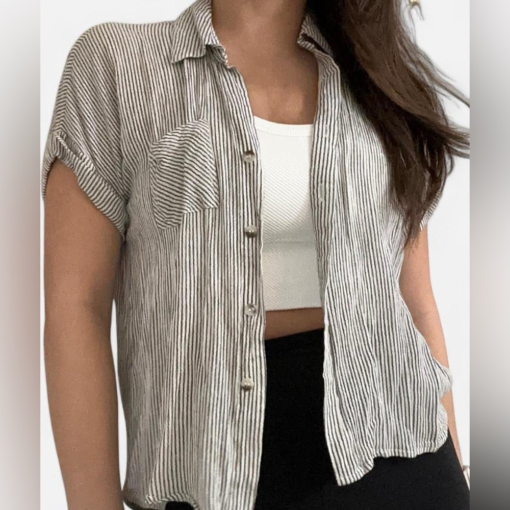 Grey and white striped button up shirt